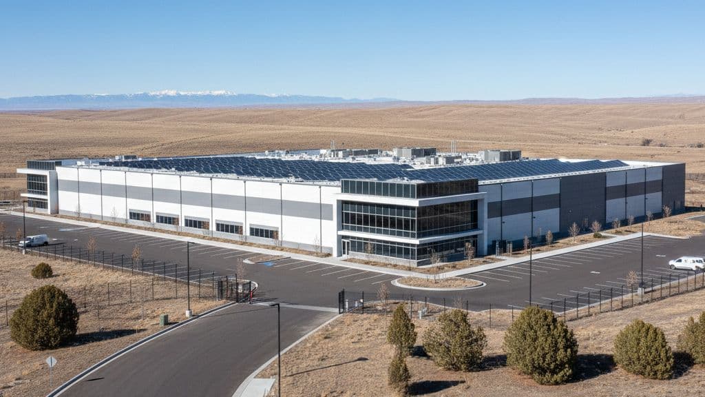 Solar-roofed data center facility in open rural landscape — data center development in a host community
