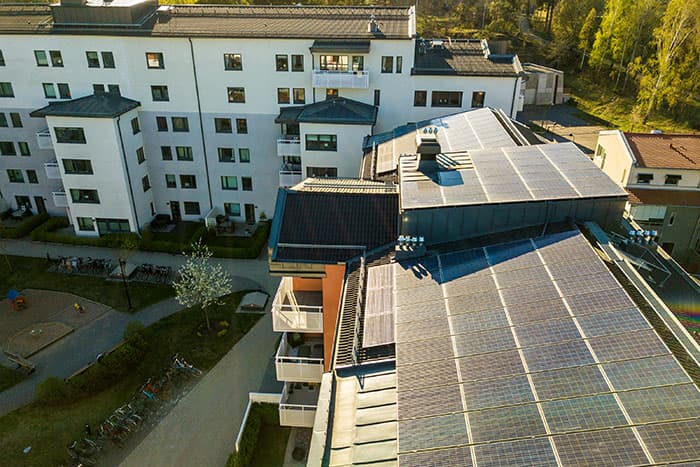 Close up of solar panels on apartment complex